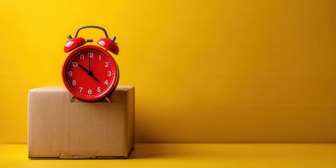 Red alarm clock rests on a cardboard box against a bright yellow backdrop