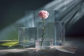 A single pink carnation in a transparent vase with geometric acrylic blocks