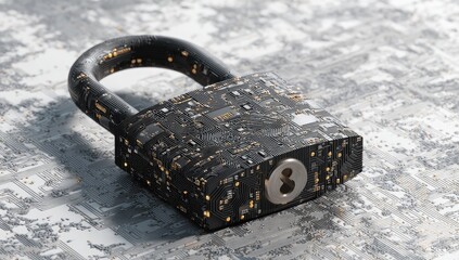 Digital padlock with circuit board pattern on a textured futuristic surface