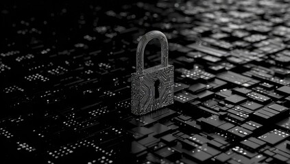 A metallic padlock sits on a dark, reflective surface with a digital circuit board pattern