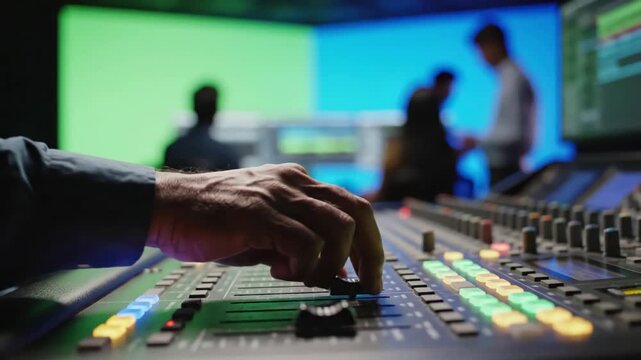 Green Screen selective focus of male sound engineer s hand sliding the button on control equipment working next to other staff in editing zone behind blue studio scene 1 with distortion, overlay