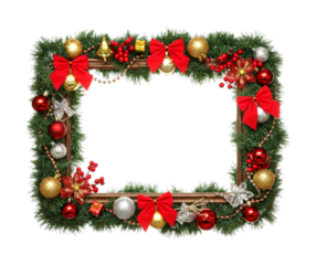 Festive Christmas frame decorated with traditional holiday ornaments, featuring lush green garland, shiny red bows, sparkling gold and silver baubles, and vibrant red berries, creating a joyful border