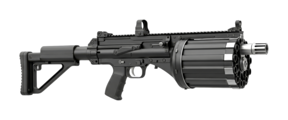 Powerful black tactical automatic grenade launcher featuring a large revolving magazine, adjustable stock, and modern sights is depicted with precise detail