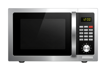 Modern silver microwave oven with a sleek design features a dark glass door and a digital control panel displaying 12:00, rendered with a clean, contemporary aesthetic