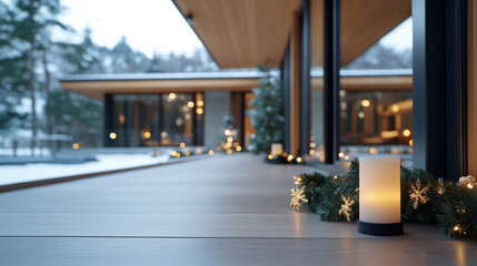 A tranquil outdoor pathway lined with soft glowing candles and greenery, capturing the essence of winter's beauty and the warmth of the holiday season.
