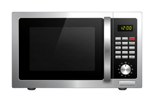 Modern silver microwave oven with a sleek design features a dark glass door and a digital control panel displaying 12:00, rendered with a clean, contemporary aesthetic