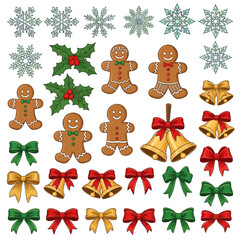 Fototapeta premium Flat 2D vector grid of isolated Christmas assets—snowflakes, gingerbread, holly, bells, bows—bright colors with clean outlines on white background.