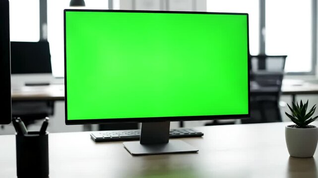 Modern Professional Workspace with view from the back on male and female office workers sitting at desk in front of computer they watching something its green screen chroma key inside distortion