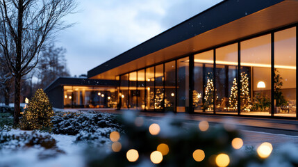 A stunning view of a modern building illuminated by holiday lights, surrounded by fresh snow and winter trees, capturing the magic and elegance of the festive season.