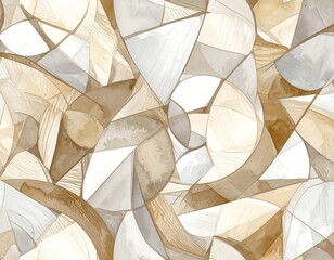 Watercolor abstract geometric pattern with beige, white, and brown shapes