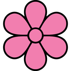 Fototapeta premium Simple Pink Daisy Flower Graphic With Six Petals and Black Outline on Solid Black Background Vibrant Color