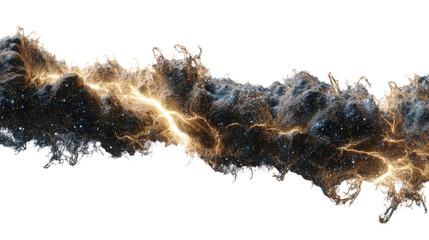 Cosmic nebula discharging electric lightning bolt in deep outer space with stars, abstract energy thunder storm effect, transparent background