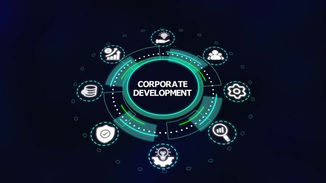 Corporate development strategy dashboard with futuristic icons showcasing business expansion, decision analytics and organizational growth innovation.