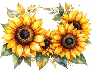 Watercolor depiction of a wreath made from vibrant sunflowers and foliage
