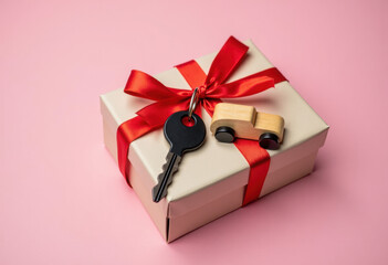 Gift keys of new car and wooden toy tied with red ribbon on pink background