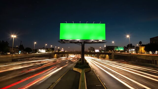 Advertising Billboard Mockup with 4k green screen on sidelines of expressway traffic at evening time lapse distortion, overlay, glitch, static noise, scan lines black background, animated video loop