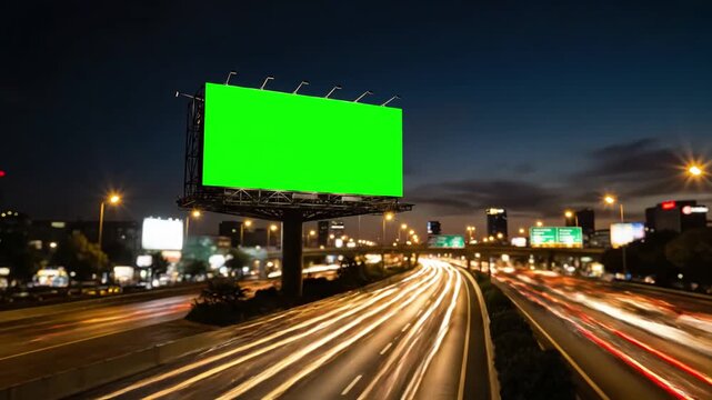 Expressway Infrastructure with 4k advertising billboard green screen on sidelines of traffic at evening time lapse distortion, overlay, glitch, static noise, scan lines black background, animated