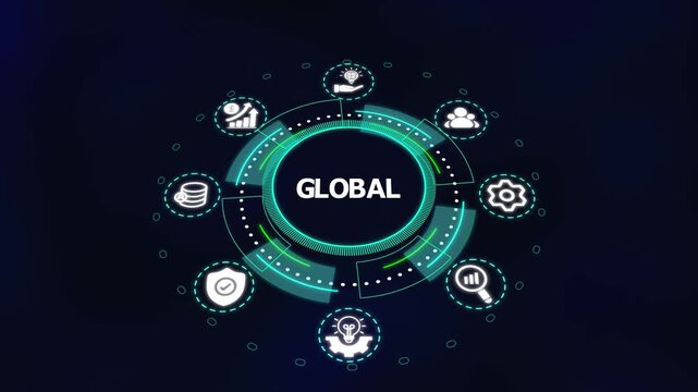 Global digital network visualization with futuristic icons representing worldwide connectivity, international data exchange and modern business integration.