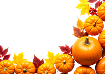 Bright orange pumpkins and vibrant autumn leaves, including yellow maple and red berries, create a festive fall border with warm seasonal colors and natural textures