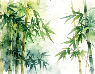 Watercolor illustration of bamboo stalks and leaves
