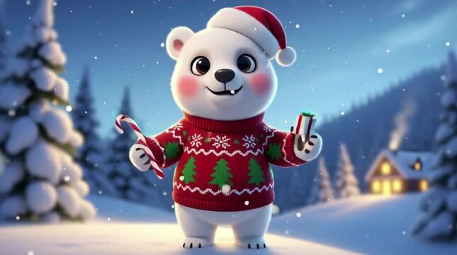 Cute polar bear in Christmas sweater with candy cane, gift, snowy scene