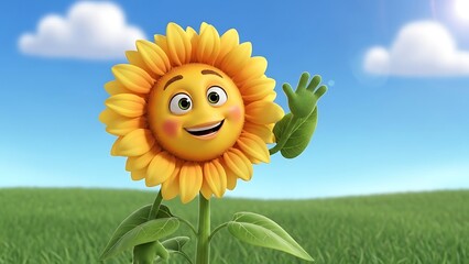 A cheerful 3D animated sunflower character with a smiling face and green leaves, waving in a vibrant green field under a blue sky with fluffy white clouds.