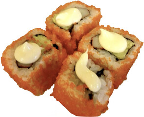 Sushi rolls with shrimp roe with mayonnaise on top, couple sushi, isolated on white background, Thai Style sushi