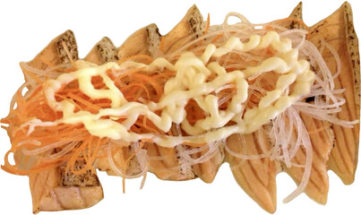 isolated fusion salmon burned sashimi, Japanese food, grilled salmon with dressing