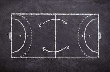 Hand drawn chalk sketch on blackboard shows a handball court and symbolizes sport game tactics and teamwork