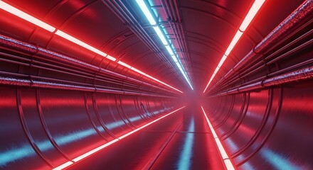 Futuristic Red and Blue Neon Tunnel with Light Streaks, Cinematic Perspective