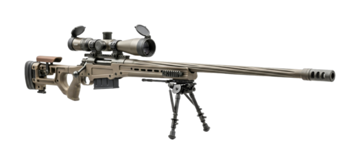 Powerful modern desert-colored precision rifle equipped with a high-magnification scope, adjustable stock, sturdy bipod, and a prominent muzzle brake, presented with crisp studio lighting