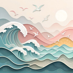 Serene Coastal Symphony: Gentle waves cascade in rhythmic dance beneath a sky of soft hues, as seagulls soar, painting a picture of tranquility, inviting the viewer to a moment of peace.