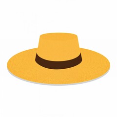A bright yellow straw hat with a dark band isolated on white