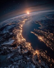 Earth at Night: Illuminated Cities and Sunrise
