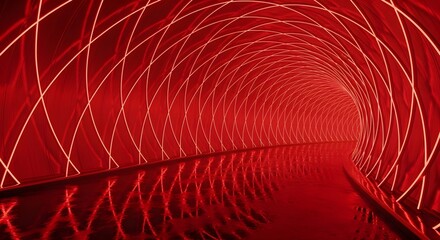 Abstract futuristic tunnel interior glowing with vibrant red neon lights, creating a deep perspective illusion and a cinematic, dynamic visual experience