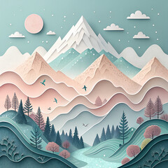 Abstract Mountain Landscape: A serene abstract landscape unfolds, showcasing a harmonious blend of stylized mountains, gentle clouds, and delicate colors. A tranquil nature scene.