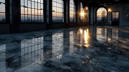 Empty Room with Reflections at Sunset