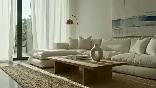 A modern minimalist living room scene featuring sleek white couches, coffee tables, and neutral colors captures the understated elegance concept of refinement, perfect for commercial or.