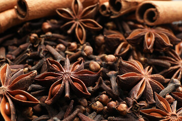 Mulled wine spices. Anise stars, cloves and cinnamon sticks, closeup