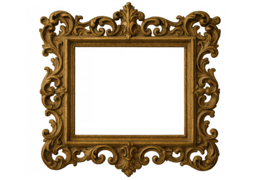 Ornate gold antique picture frame with rococo style carvings, empty classic vintage design, isolated on transparent background - Powered by Adobe