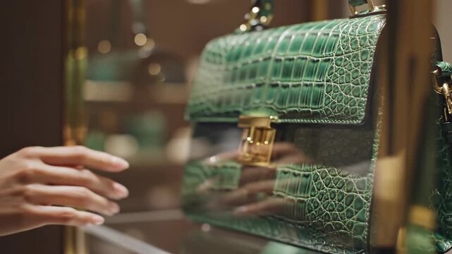 Elegant Hand Touches Luxury Green Crocodile Skin Handbag in High-End Boutique