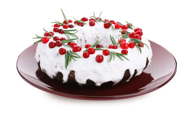 Tasty Christmas cake with cranberries and rosemary isolated on white