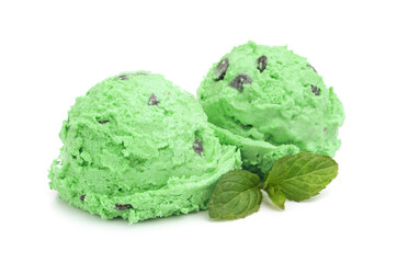 Balls of mint chocolate chip ice cream with leaves isolated on white