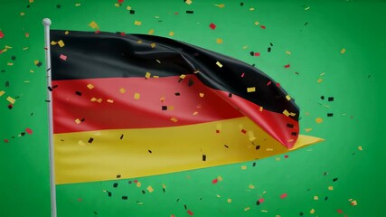 German flag waving with confetti on green background. Patriotic national holiday celebration for independence day or democracy.