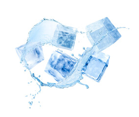 Fototapeta premium Ice cubes and splash of water in air on white background