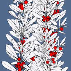 Hand drawn leaves and berries seamless pattern with detailed line art. Mixed media botanical design for textile, fabric, packaging, decoupage, prints. Modern art-deco in winter palette. 