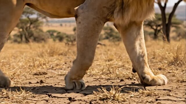 Lion's legs walking in savanna. Close up of feline paws on dry ground. African wildlife, nature, and survival concept. lion footsteps