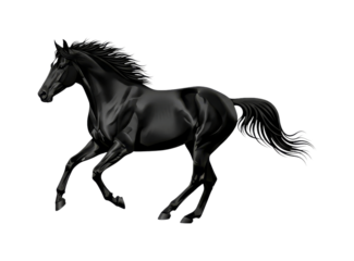 Majestic black horse gallops gracefully with powerful elegance, showcasing its sleek, muscular form and flowing mane in a dynamic, illustrative style