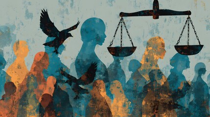 Imposing silhouette of scales representing balance stands before a diverse crowd against a faded cityscape backdrop