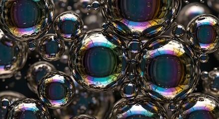 Close-up macro shot of numerous iridescent soap bubbles reflecting a spectrum of vibrant colors and light.